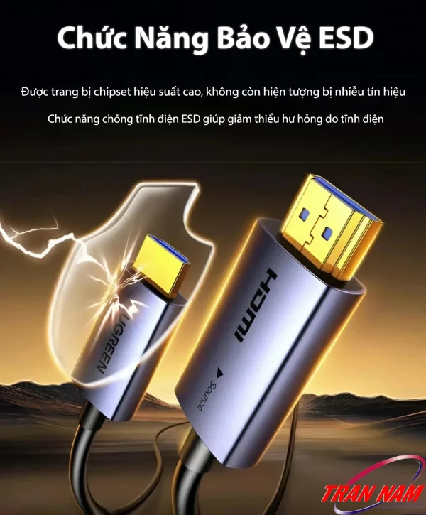 Cáp HDMI 2.0 Sợi Quang Ugreen HD178 – Ugreen 45503, 45504, 45505, 45506, 45507, 45508, 45509, 45510, 45511, 45512 – tích hợp chipset chống tĩnh điện ESD, bảo vệ tín hiệu 4K@60Hz ổn định, không suy hao.