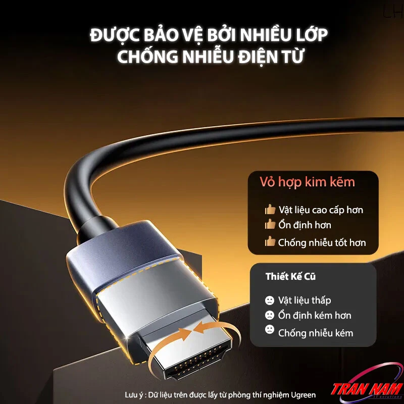 Chống nhiễu điện từ nhiều lớp – Cáp HDMI 2.0 Sợi Quang Ugreen HD178 (Ugreen 45503–45512) vỏ hợp kim kẽm cao cấp, ổn định, truyền tín hiệu xa không nhiễu. Cáp HDMI 2.0 Sợi Quang Ugreen HD178 – Ugreen 45503, 45504, 45505, 45506, 45507, 45508, 45509, 45510, 45511, 45512 – được bảo vệ bởi nhiều lớp chống nhiễu điện từ, vỏ hợp kim kẽm cao cấp, ổn định và chống suy hao tín hiệu 4K@60Hz.