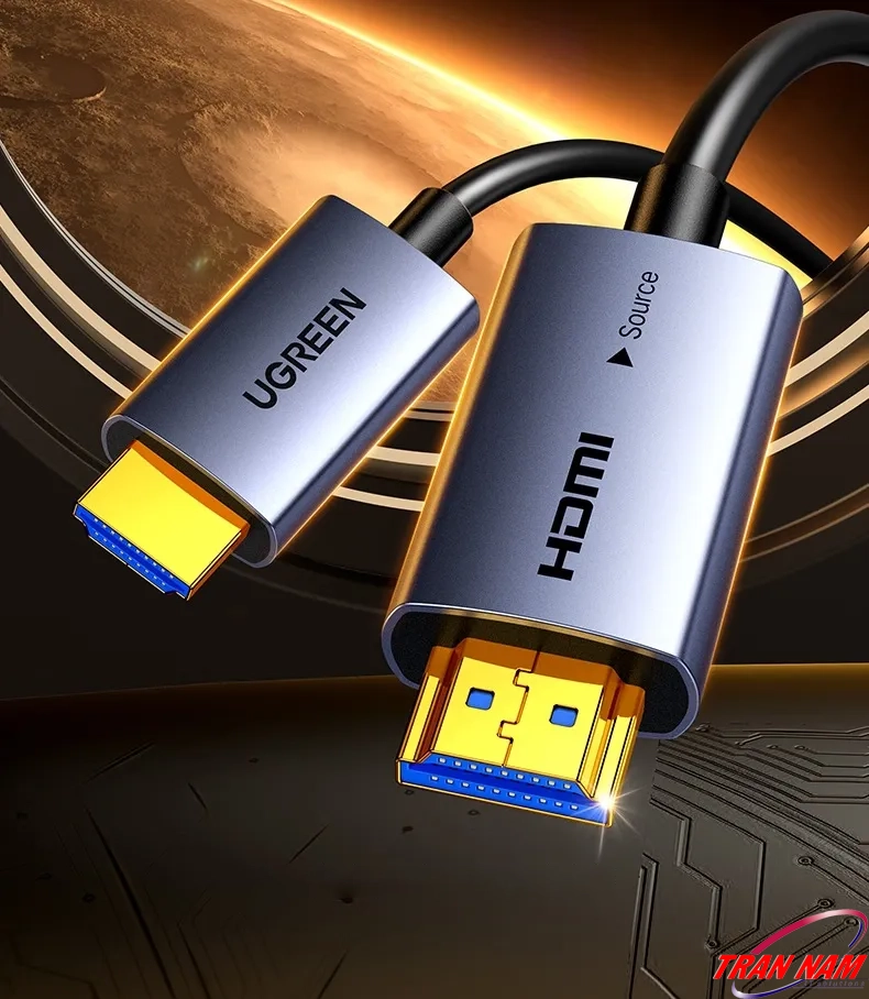 Đầu HDMI mạ vàng – Cáp HDMI 2.0 Sợi Quang Ugreen HD178 (Ugreen 45503–45512) thiết kế cao cấp, chống nhiễu, truyền 4K@60Hz sắc nét. Cáp HDMI 2.0 Sợi Quang Ugreen HD178 – Ugreen 45503, 45504, 45505, 45506, 45507, 45508, 45509, 45510, 45511, 45512 – đầu HDMI mạ vàng, truyền tín hiệu 4K@60Hz ổn định, vỏ hợp kim nhôm chống nhiễu, thiết kế cao cấp.