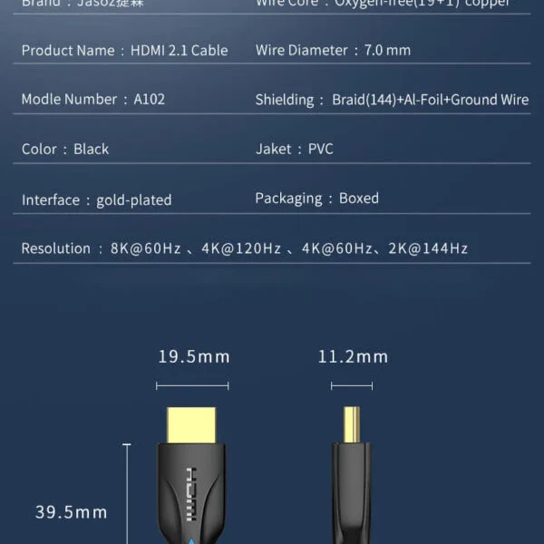 Thông số kỹ thuật cáp HDMI 2.1 Jasoz A122 T-A235 T-A236 T-A237 T-A267 T-A324 – lõi đồng OFC 19+1, băng thông 48Gbps, hỗ trợ 8K@60Hz, 4K@120Hz, mạ vàng, chống nhiễu 144 lớp.