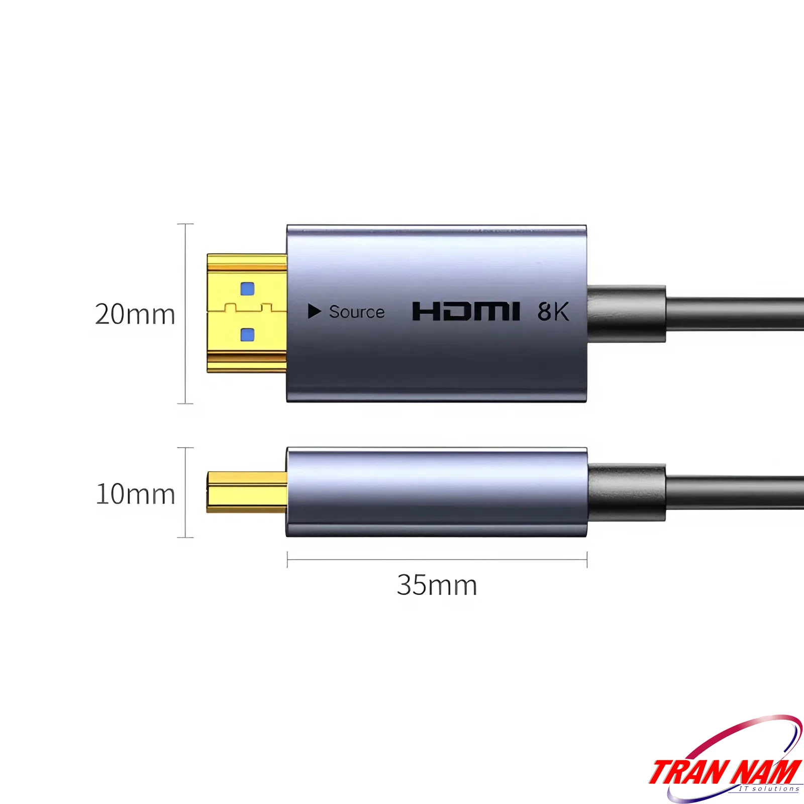 Kích thước đầu cáp HDMI 8K – Ugreen HD183 (Ugreen 55504–55510) – Đầu mạ vàng 24K, vỏ nhôm, nhỏ gọn, dễ lắp đặt. Kích thước đầu cáp HDMI 8K – Cáp HDMI 2.1 Sợi Quang Ugreen HD183 Ugreen 55504, 55505, 55506, 55507, 55508, 55509, 55510 – đầu mạ vàng 24K, dài 35mm, đường kính 20mm, vỏ hợp kim nhôm cao cấp.