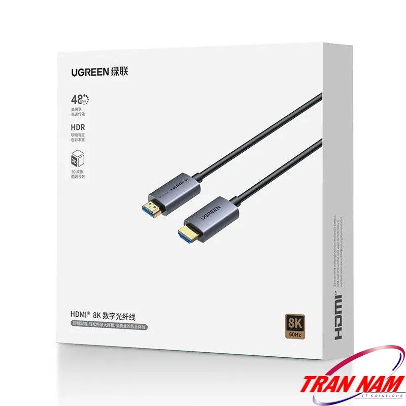 Hộp bao bì chính hãng – Cáp HDMI 2.1 Sợi Quang Ugreen HD183 (Ugreen 55504–55510) – Chuẩn 8K@60Hz, HDR, băng thông 48Gbps. Hộp sản phẩm Cáp HDMI 2.1 Sợi Quang Ugreen HD183 Ugreen 55504, 55505, 55506, 55507, 55508, 55509, 55510 – hỗ trợ 8K@60Hz, 4K@240Hz, HDR, eARC, truyền tín hiệu tốc độ 48Gbps.