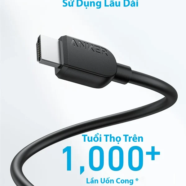 Cáp HDMI Anker A8742 8K@60Hz thiết kế đầu cắm mạ niken chống oxy hóa, dây PVC siêu bền với tuổi thọ trên 1.000 lần uốn cong, đảm bảo hiệu suất truyền tải ổn định lâu dài.