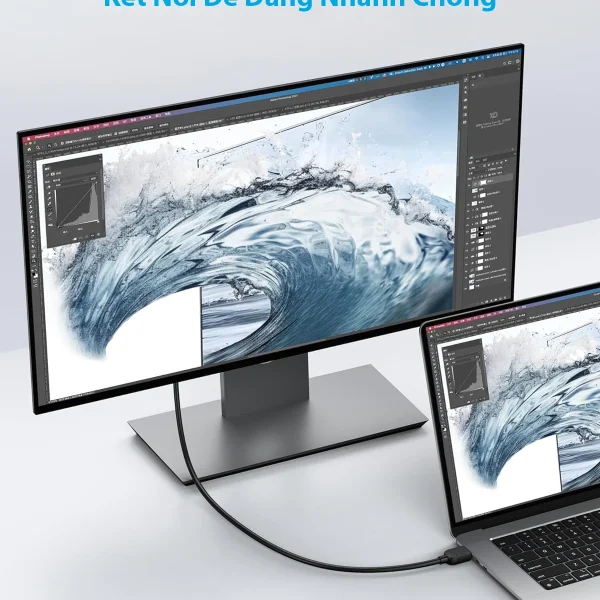Cáp HDMI 8K Anker A8742 kết nối dễ dàng giữa laptop và màn hình, truyền tín hiệu hình ảnh 8K@60Hz mượt mà chỉ trong vài giây.