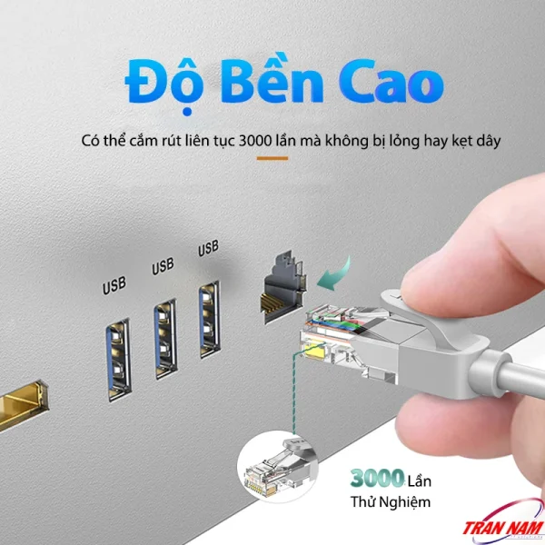 Cáp mạng Cat5E Jasoz E120 – Đầu RJ45 bền bỉ, thử nghiệm 3000 lần cắm rút liên tục mà không lỏng hay kẹt. Áp dụng cho SKU Jasoz T-E213 đến T-E223 (0.5m–30m).