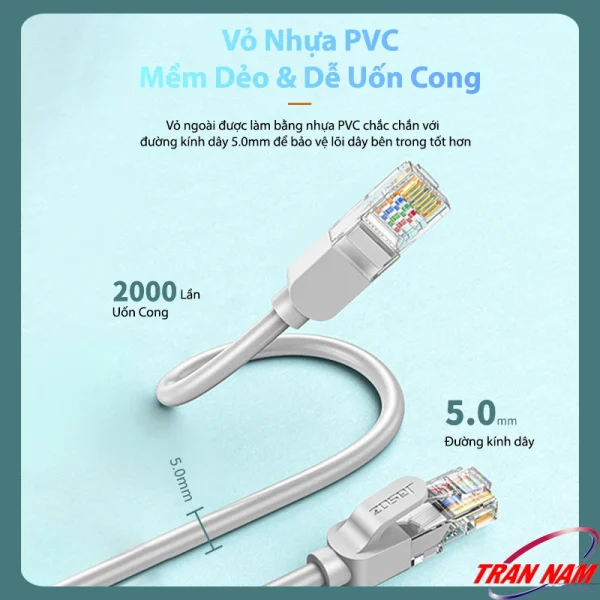 Cáp mạng Cat5E Jasoz E120 – Vỏ nhựa PVC mềm dẻo, dễ uốn cong 2000 lần, đường kính 5.0mm bảo vệ lõi dây. Áp dụng cho toàn bộ SKU Jasoz T-E213 đến T-E223 (0.5m–30m).