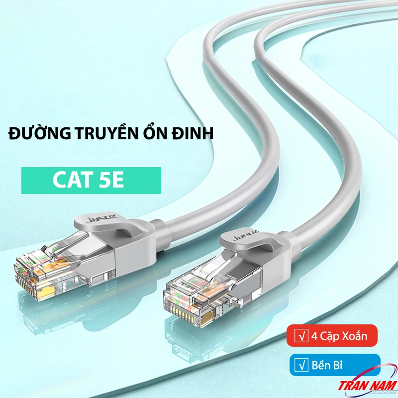 Cáp mạng Cat5E Jasoz E120 – Đường truyền ổn định, 4 cặp xoắn đôi bền bỉ, hỗ trợ Gigabit 1000Mbps. Áp dụng chung cho SKU Jasoz T-E213 đến T-E223 (0.5m–30m).