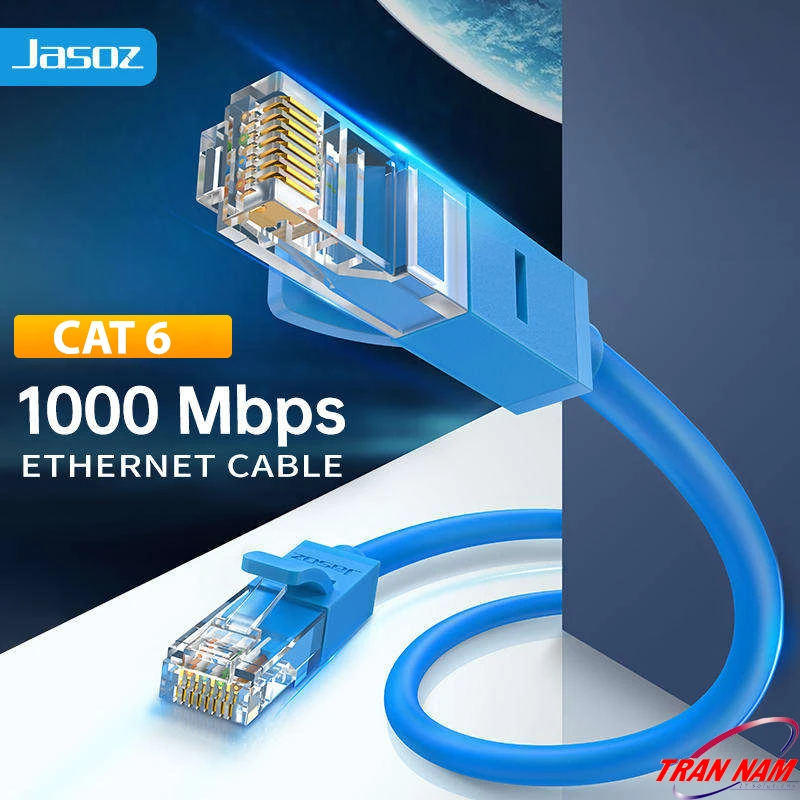 Cáp mạng RJ45 Cat6 Jasoz E102 – Hỗ trợ tốc độ Gigabit Ethernet 1000Mbps, truyền tải dữ liệu nhanh chóng, ổn định cho gia đình, văn phòng, gaming, camera IP. Ảnh áp dụng cho toàn bộ SKU Jasoz T-E112 đến T-E120, T-E272, T-E273 (0.5m – 30m).