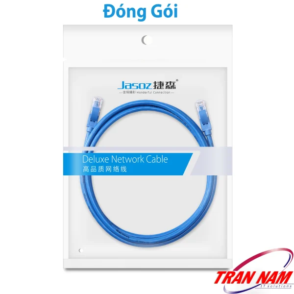 Cáp mạng RJ45 Cat6 Jasoz E102 – Ảnh đóng gói sản phẩm trong túi nhựa, bao bì gọn gàng, bảo vệ dây khi vận chuyển. Áp dụng cho toàn bộ SKU Jasoz T-E112, T-E113, T-E114, T-E115, T-E116, T-E117, T-E118, T-E119, T-E120, T-E272, T-E273 với chiều dài từ 0.5m đến 30m.
