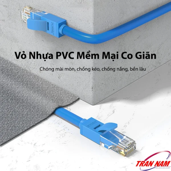 Cáp mạng RJ45 Cat6 Jasoz E102 – Vỏ nhựa PVC mềm mại co giãn, chống mài mòn, chống kéo, chịu nắng, bền lâu. Phù hợp đi âm tường và sử dụng trong gia đình, văn phòng. Áp dụng cho toàn bộ SKU Jasoz T-E112 đến T-E120, T-E272, T-E273 (0.5m – 30m).