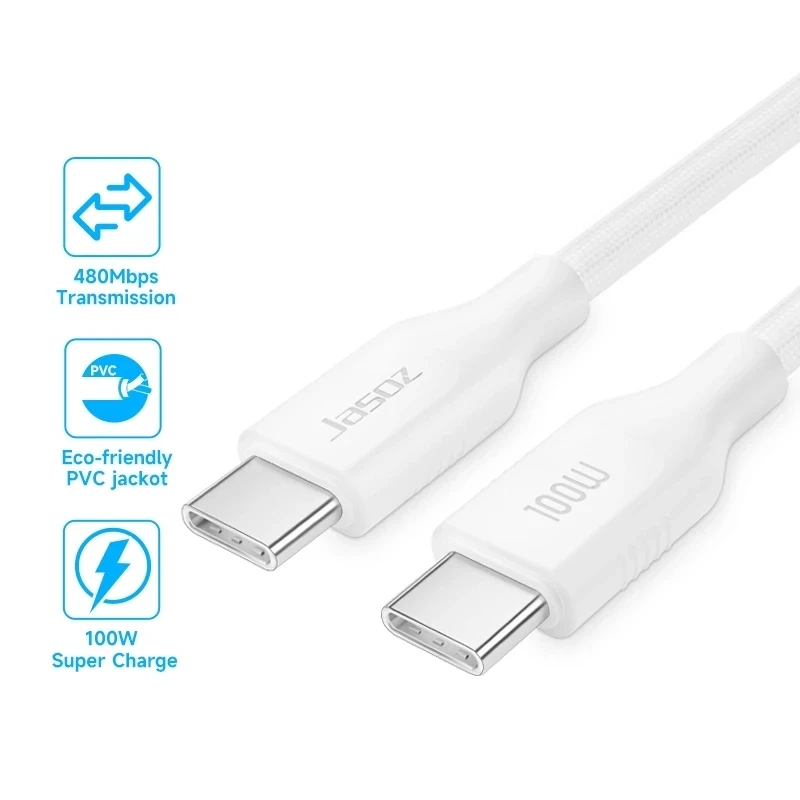 Cáp USB-C to USB-C Jasoz D122 hỗ trợ sạc nhanh PD 100W, truyền dữ liệu 480Mbps, dùng chung cho các SKU T-D217 (1m), T-D218 (1.5m), T-D219 (2m)