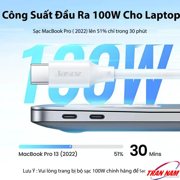 Cáp USB-C to USB-C Jasoz D122 PD 100W sạc nhanh MacBook Pro, Laptop USB-C, Smartphone – SKU T-D217 1m, T-D218 1.5m, T-D219 2m