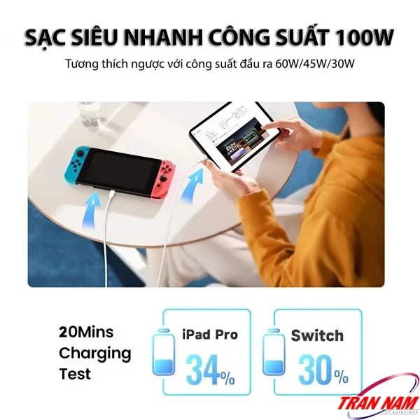 Cáp sạc nhanh USB-C to USB-C Jasoz D122 PD 100W cho iPad Pro và Nintendo Switch – SKU T-D217 1m, T-D218 1.5m, T-D219 2m