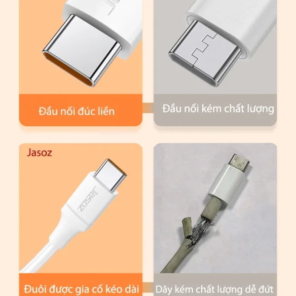 So sánh cáp Jasoz D117 USB to Type-C 66W 6A – đầu nối đúc liền, đuôi gia cố kéo dài, bền hơn cáp kém chất lượng dễ đứt