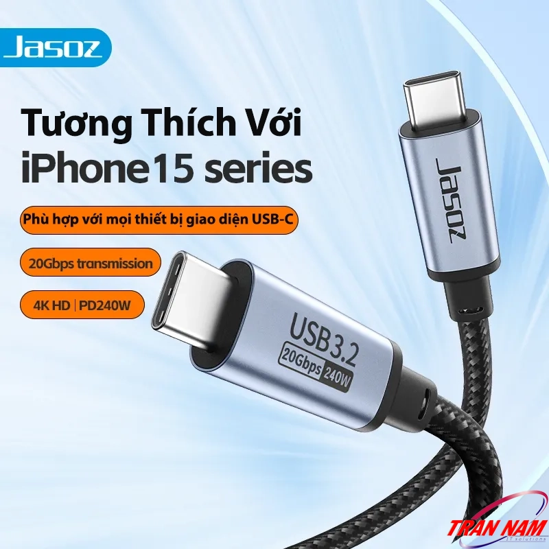 Cáp USB-C 3.2 Jasoz D120 hỗ trợ sạc nhanh PD 240W, truyền dữ liệu 20Gbps, xuất hình ảnh 4K@60Hz – SKU T-D206 0.5M, T-D207 1M, T-D208 1.2M, T-D216 1.5M, T-D209 2M