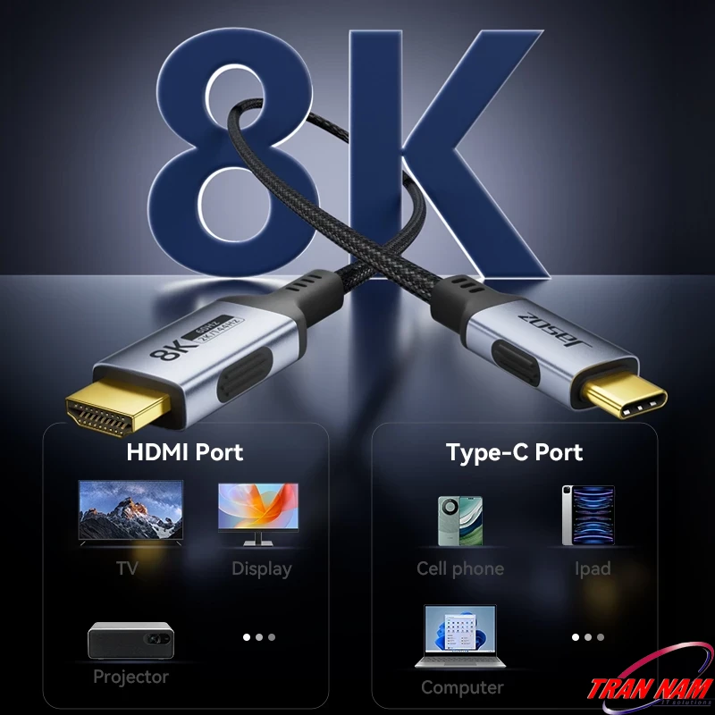 Cáp USB-C to HDMI Hỗ Trợ 8K@60Hz Vỏ Hợp Kim Nhôm Dây Bện Nylon Jasoz H120 9 Cáp USB-C sang HDMI 8K Jasoz H120 T-H126 T-H128 T-H129, hỗ trợ 8K@60Hz 4K@240Hz, chipset CS5565AN, tương thích MacBook, điện thoại, TV, máy chiếu, màn hình hiển thị 8K.