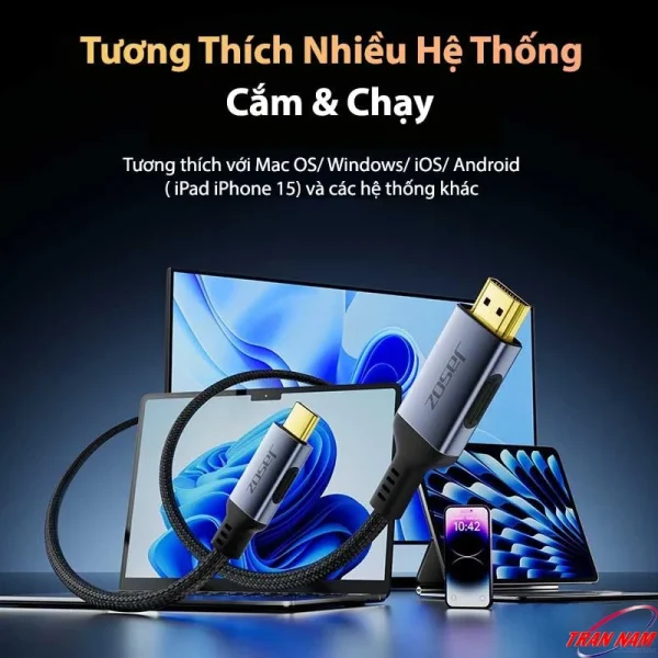 Cáp USB-C sang HDMI 8K Jasoz H120 T-H126 T-H128 T-H129 tương thích MacBook, Windows, iPad, iPhone 15, Android – cắm & chạy, hiển thị 8K sắc nét.