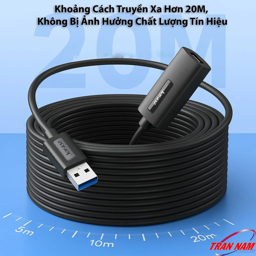 Cáp USB nối dài Jasoz truyền tín hiệu ổn định ở khoảng cách xa hơn 20 mét, không suy hao nhờ chipset khuếch đại bên trong.
