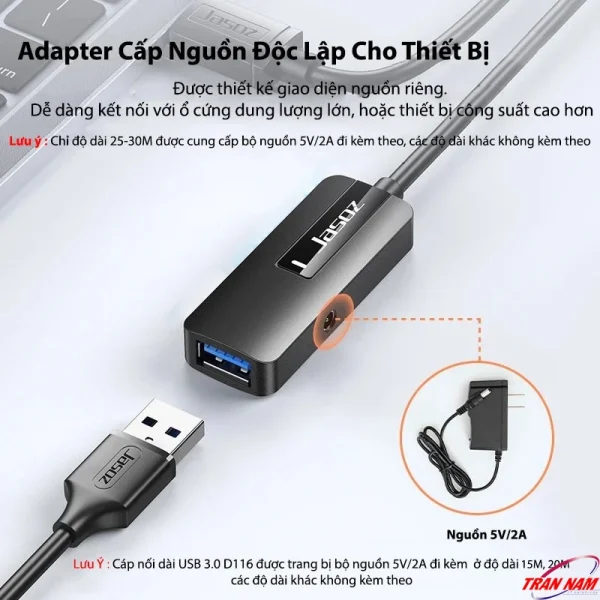 Cáp USB nối dài Jasoz có chipset khuếch đại và cổng nguồn phụ 5V2A giúp cấp điện ổn định cho ổ cứng, webcam hoặc thiết bị tiêu thụ điện cao.