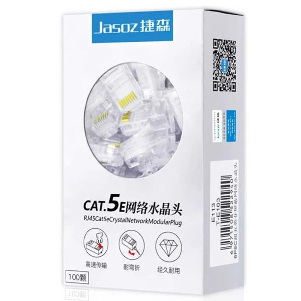 Hộp đầu bấm mạng CAT5e Jasoz T-E163 chân đồng mạ vàng 1U – đóng gói 100 chiếc, chuẩn RJ45 8P8C, truyền tín hiệu ổn định
