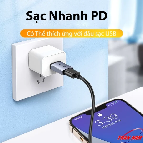 Đầu chuyển OTG USB 3.0 sang Type-C Jasoz T-G160 hỗ trợ sạc nhanh PD 18W, tương thích với đầu sạc USB thông thường, giúp sạc nhanh cho điện thoại và thiết bị Type-C.