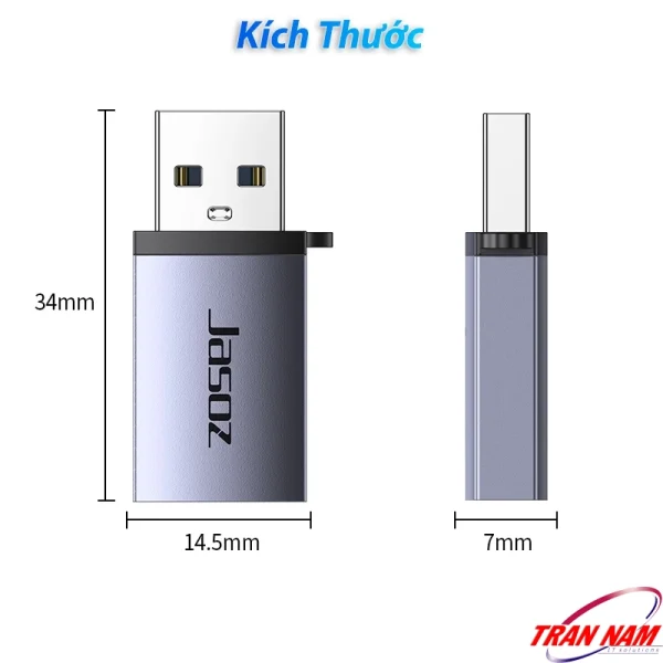 Kích thước đầu chuyển OTG USB 3.0 sang Type-C Jasoz T-G160 chỉ dài 34mm, rộng 14.5mm và dày 7mm, thiết kế nhỏ gọn, dễ mang theo.