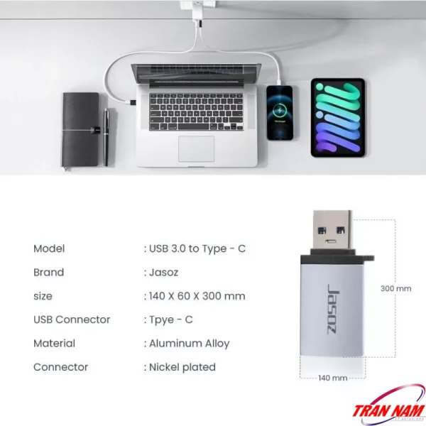 Đầu chuyển OTG USB 3.0 sang Type-C Jasoz T-G160 bằng hợp kim nhôm, đầu mạ Nickel, hỗ trợ kết nối laptop, điện thoại và máy tính bảng qua cổng Type-C tốc độ cao.