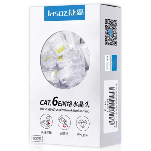 Hộp hạt mạng RJ45 CAT6 Jasoz T-E164 chân đồng mạ vàng 1U, vỏ nhựa PC chống cháy, đóng gói 100 cái