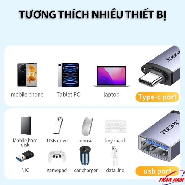 Đầu chuyển OTG USB-C sang USB 3.0 Jasoz T-G162 tương thích nhiều thiết bị như điện thoại, tablet, laptop, ổ cứng, chuột, bàn phím, USB, tay cầm chơi game, sạc ô tô.