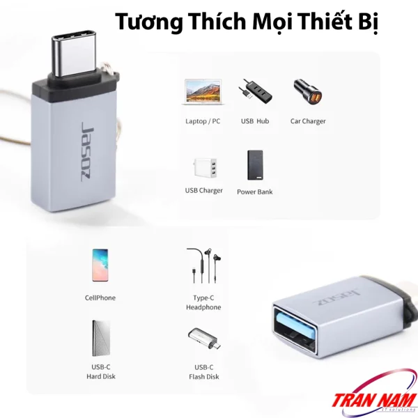 Đầu chuyển OTG USB-C sang USB 3.0 Jasoz T-G162 tương thích với laptop, PC, USB hub, sạc ô tô, sạc dự phòng, điện thoại, ổ cứng USB-C, tai nghe Type-C và USB flash.