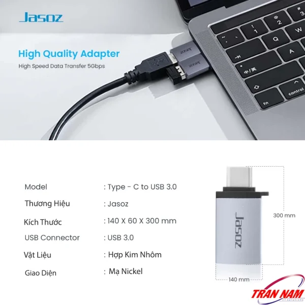 Đầu chuyển OTG USB-C sang USB 3.0 Jasoz T-G162 vỏ hợp kim nhôm, giao tiếp mạ Nickel, tốc độ truyền dữ liệu 5Gbps, tương thích laptop và điện thoại USB-C.