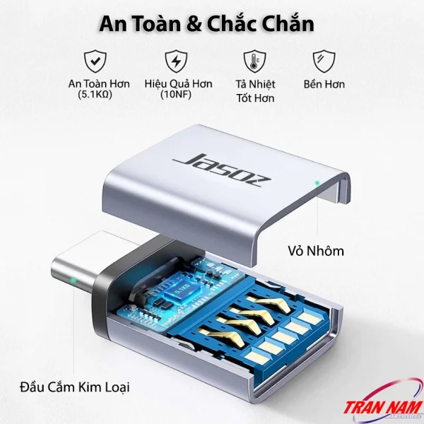Đầu chuyển OTG USB-C sang USB 3.0 Jasoz T-G162 cấu tạo vỏ nhôm và đầu cắm kim loại, tản nhiệt tốt, an toàn 5.1kΩ, hiệu quả hơn 10NF, bền bỉ và chống nhiễu vượt trội.