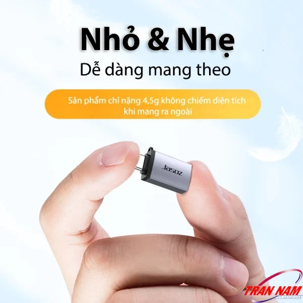 Đầu chuyển OTG USB-C sang USB 3.0 Jasoz T-G162 nhỏ gọn, trọng lượng chỉ 4.9g, dễ dàng mang theo, thiết kế vỏ nhôm cao cấp chống nhiễu, bền đẹp.