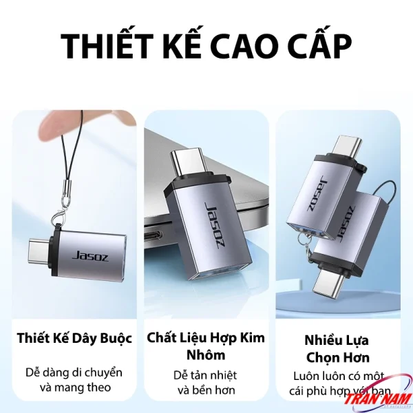 Đầu chuyển OTG USB-C sang USB 3.0 Jasoz T-G162 thiết kế cao cấp với dây buộc tiện lợi, vỏ hợp kim nhôm tản nhiệt tốt, nhiều lựa chọn màu sắc và kiểu cắm phù hợp.