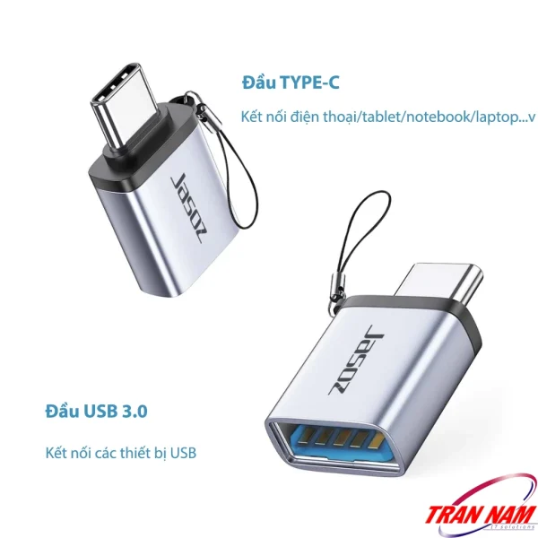 Đầu chuyển OTG USB-C sang USB 3.0 Jasoz T-G162 có hai đầu kết nối: Type-C male và USB-A female, hỗ trợ OTG, truyền dữ liệu tốc độ cao 5Gbps, tương thích điện thoại, laptop, tablet.