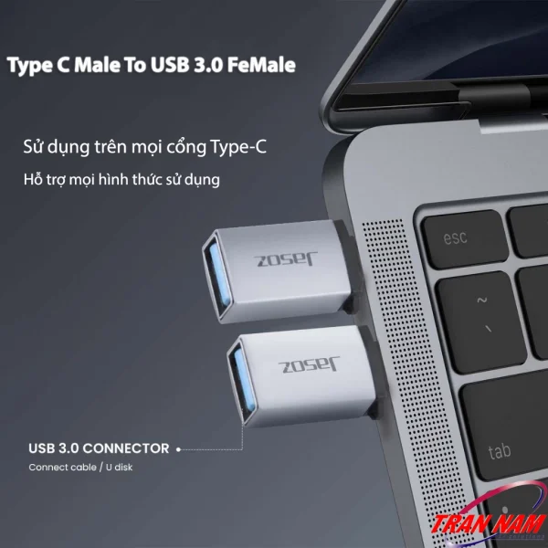 Đầu chuyển OTG USB-C sang USB 3.0 Jasoz T-G162 kết nối trực tiếp laptop cổng Type-C, hỗ trợ OTG, truyền dữ liệu tốc độ 5Gbps, tương thích mọi thiết bị USB.