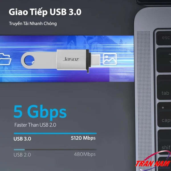Đầu chuyển OTG USB-C sang USB 3.0 Jasoz T-G162 hỗ trợ truyền tải dữ liệu tốc độ cao 5Gbps, nhanh gấp 10 lần USB 2.0, giúp sao chép video và file dung lượng lớn chỉ trong vài giây.