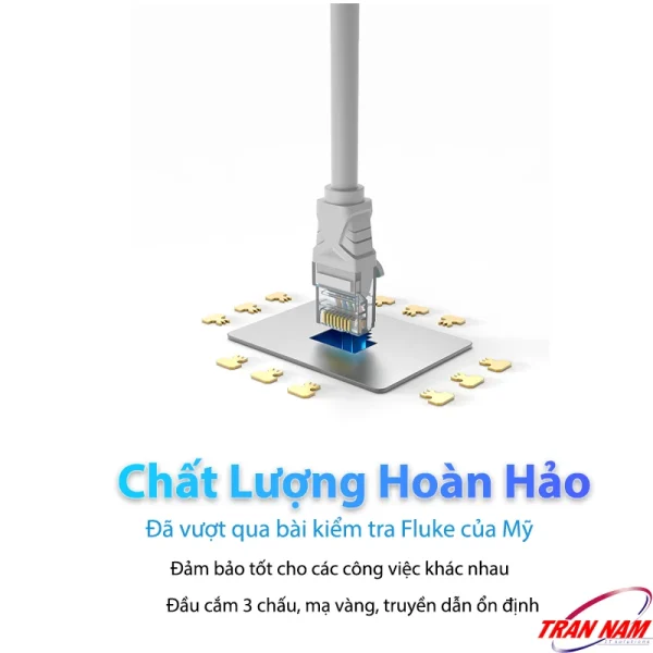 Cáp mạng Cat5E Jasoz E103 – Đã vượt qua bài kiểm tra Fluke của Mỹ, đầu RJ45 3 chấu mạ vàng, truyền dẫn ổn định, hỗ trợ Gigabit 1000Mbps. Dùng chung cho SKU Jasoz T-E122 đến T-E129 (1m–20m).