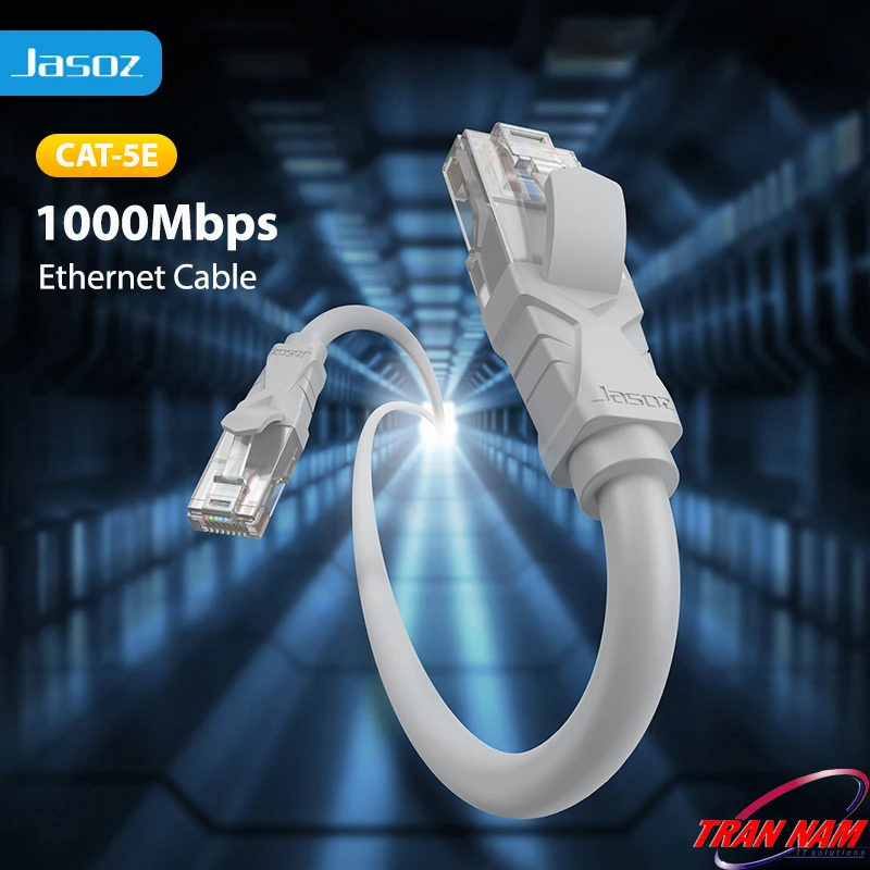 Cáp mạng Cat5E Jasoz E103 Ethernet Cable, tốc độ Gigabit 1000Mbps, bấm sẵn 2 đầu RJ45 mạ vàng 1U, lõi đồng nguyên chất 28AWG. Dùng chung cho SKU Jasoz T-E122 đến T-E129 (1m–20m).
