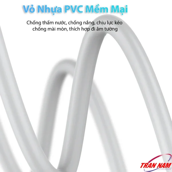 Cáp mạng Cat5E Jasoz E103 – Vỏ nhựa PVC mềm mại, chống thấm nước, chống nắng, chịu lực kéo, chống mài mòn, phù hợp đi âm tường. Dùng chung cho SKU Jasoz T-E122 đến T-E129 (1m–20m).