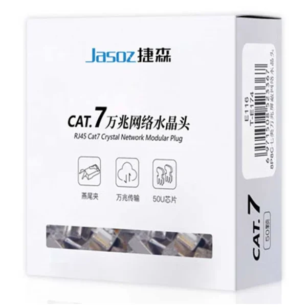 Hạt mạng CAT7 Jasoz T-E174 bọc nhôm có kẹp đuôi, chân cắm mạ vàng 50U – đầu nối RJ45 cao cấp, chống nhiễu, truyền tín hiệu ổn định