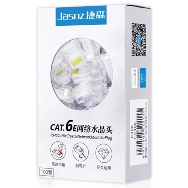 Hộp hạt mạng RJ45 CAT6 Jasoz T-E158 mạ vàng 3U – đóng gói 100 chiếc, truyền tín hiệu ổn định, chống oxy hóa và nhiễu điện từ