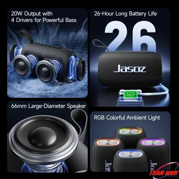 Tính năng nổi bật Loa Bluetooth Jasoz T-K162 – 4 Driver công suất 20W, pin 4000mAh, loa 66mm, đèn RGB nhiều màu