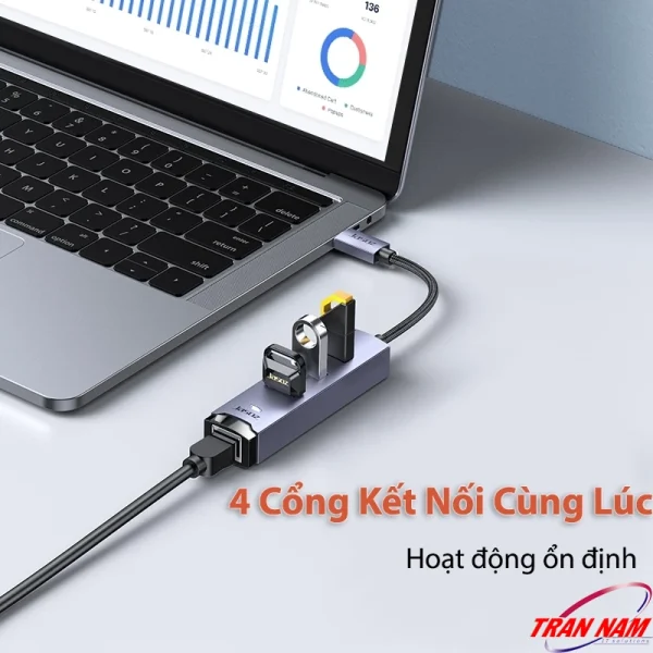 Bộ Chuyển USB to LAN 1000Mbps Jasoz T-F136 Hub USB 3.0 Vỏ Nhôm kết nối MacBook qua USB-C