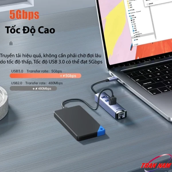 Jasoz T-F136 – Hub USB 3.0 tốc độ 5Gbps kèm cổng LAN Gigabit 1000Mbps, kết nối ổ cứng rời cho MacBook