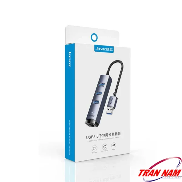 Hộp sản phẩm Jasoz T-F136 – Bộ Chuyển USB to LAN 1000Mbps và Hub USB 3.0 vỏ nhôm