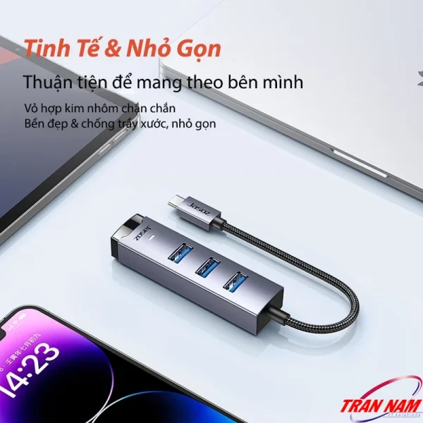 Jasoz T-F136 – Bộ Chuyển USB to LAN 1000Mbps Hub USB 3.0 thiết kế nhỏ gọn, vỏ nhôm chống trầy xước