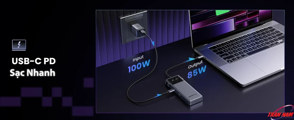 Hub USB-C Ugreen Uno hỗ trợ sạc nhanh PD 100W input và 85W output cho laptop