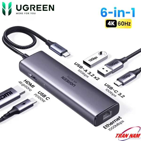 Hub USB-C 6-in-1 Ugreen 45000 Hỗ Trợ HDMI 4K@60Hz, 2x USB-A 10Gbps, Lan 1Gbps,USB-C 3.2 Gen2 10Gbps,PD 100W 1 Hub USB-C 6-in-1 Ugreen 45000 hỗ trợ HDMI 4K60Hz, USB 10Gbps và LAN 1Gbps