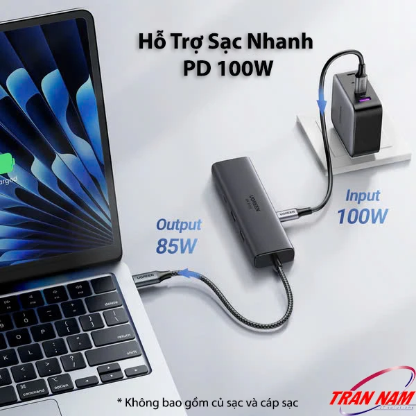 Sạc nhanh PD 100W trên Ugreen 45000 – Passthrough 85W cho MacBook và laptop USB-C Hub USB-C Ugreen 45000 hỗ trợ sạc nhanh PD 100W với output 85W cho laptop